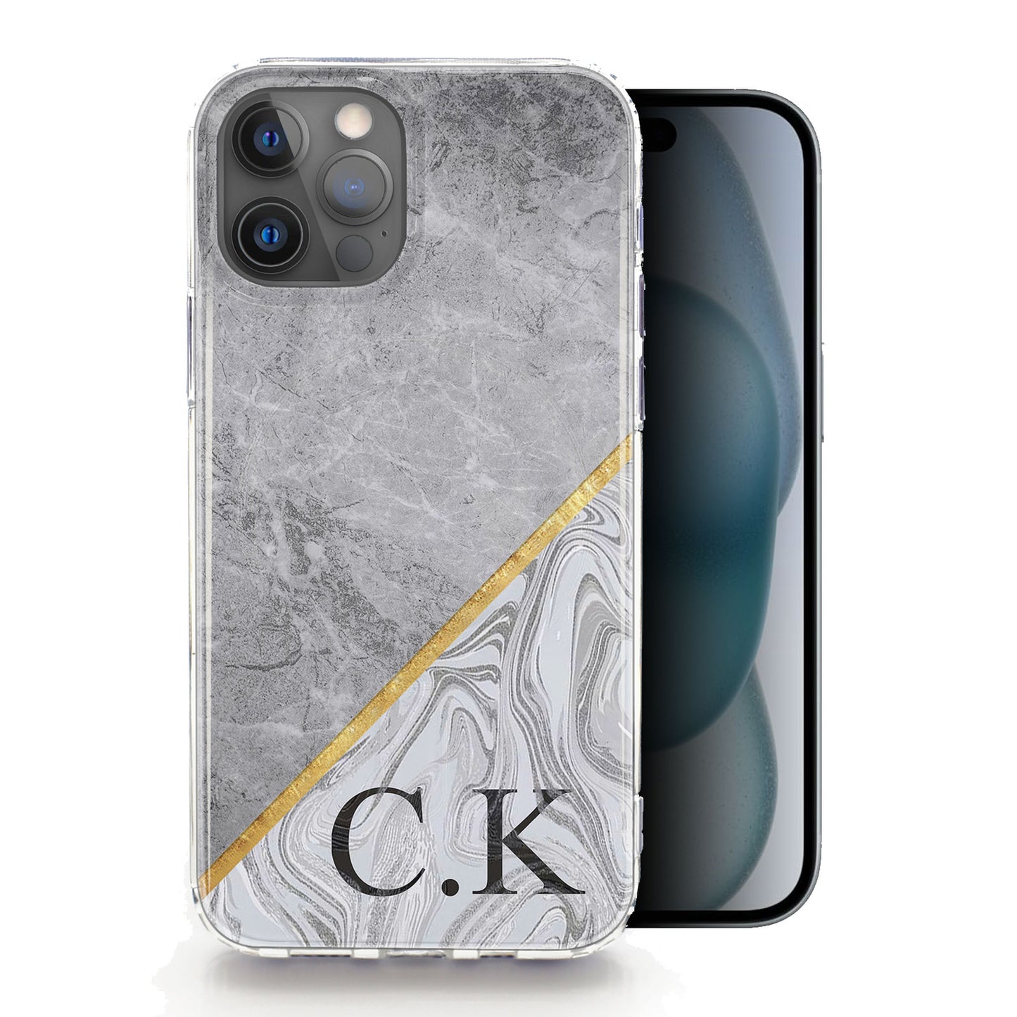 Personalised Magsafe iPhone Case - Grey Split Marble and Monogram