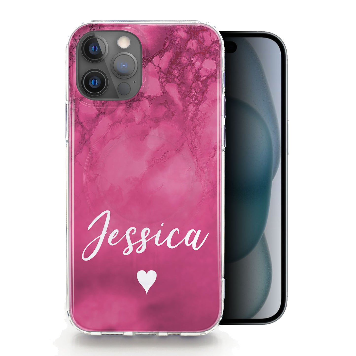 Personalised Magsafe iPhone Case - Hot Pink Marble and Name