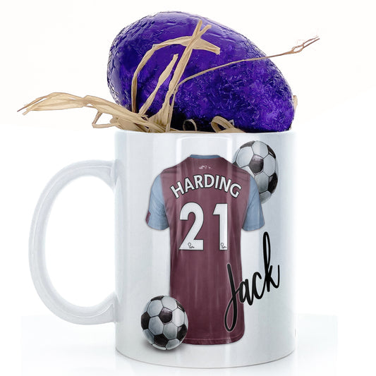 Personalised Mug with Stylish Text and Claret & Light Blue Shirt with Name & Number