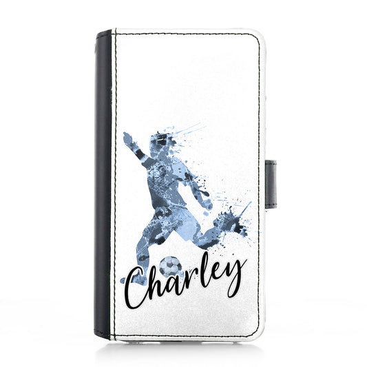 Personalised Samsung Leather Case - Light Blue Footballer and Name