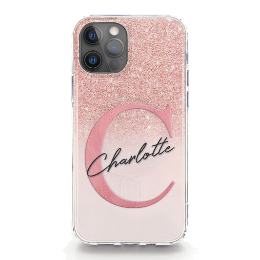 Personalised Magsafe iPhone Case - Pink Glitter Initial and Black Name