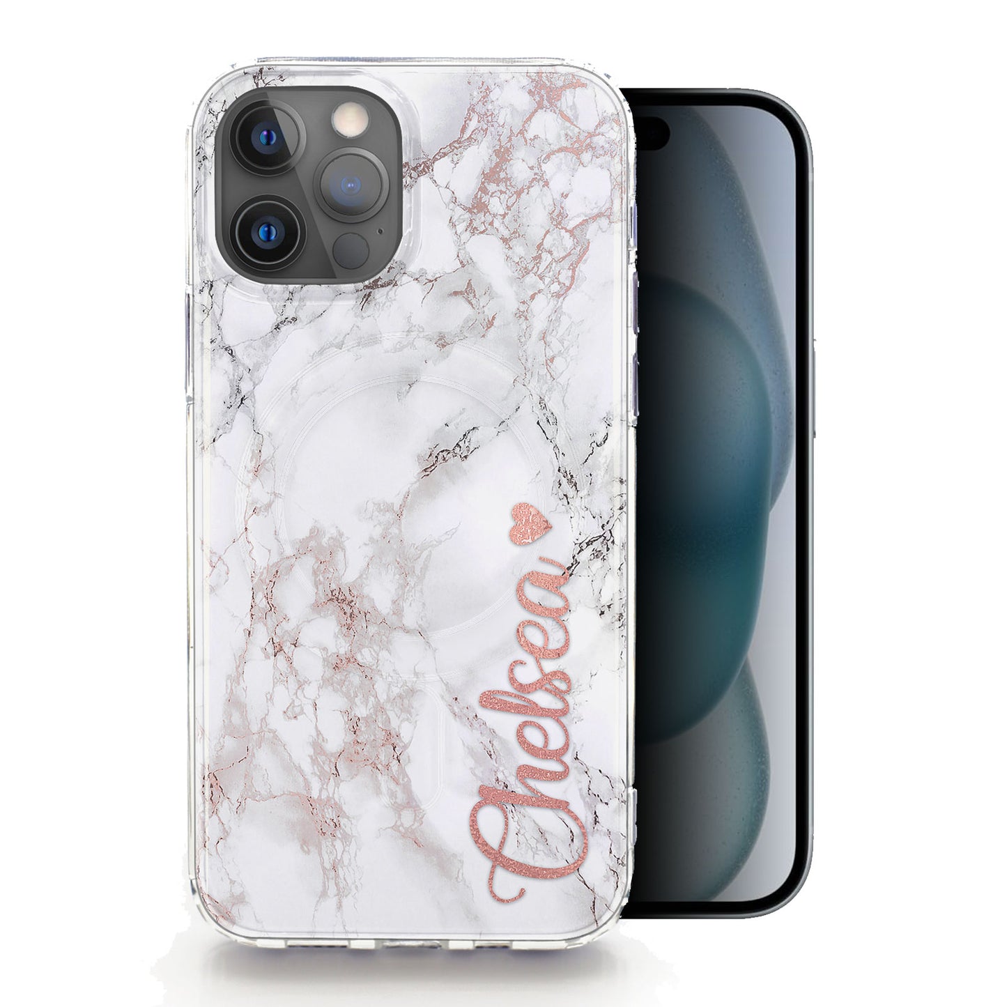 Personalised Magsafe iPhone Case - Grey Marble and Pink Heart Name