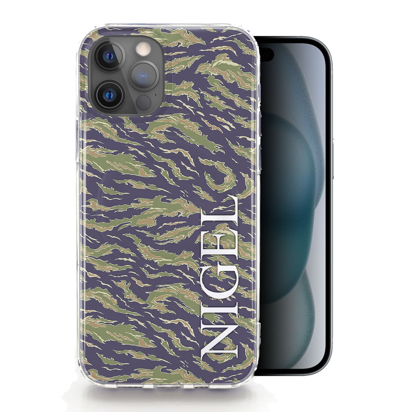 Personalised Magsafe iPhone Case - Green and Blue Camo with Name