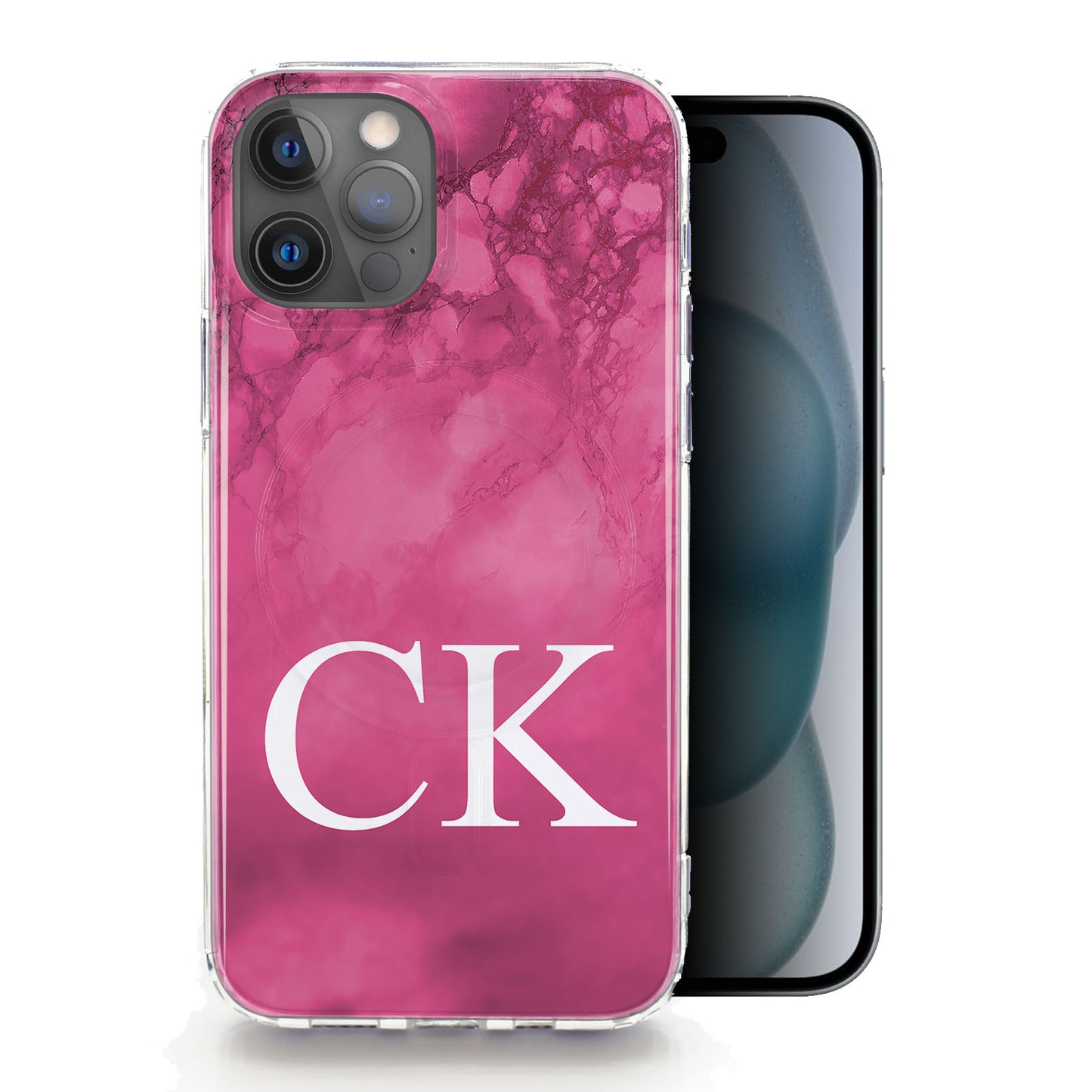 Personalised Magsafe iPhone Case - Hot Pink Marble and Monogram