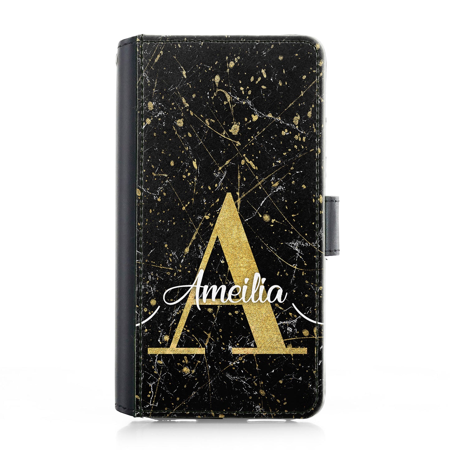 Personalised iPhone Leather Case - Black Speckle Marble and Gold Initial/Name