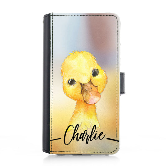 Personalised iPhone Leather Case - Yellow Duckling and Name
