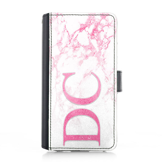 Personalised iPhone Leather Case - White Pink Marble and Monogram