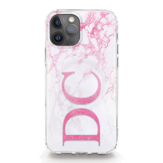 Personalised Magsafe iPhone Case - White Pink Marble and Monogram