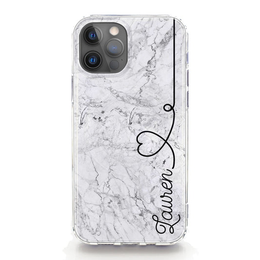 Personalised Magsafe iPhone Case - Light Grey Marble and Side Heart Name