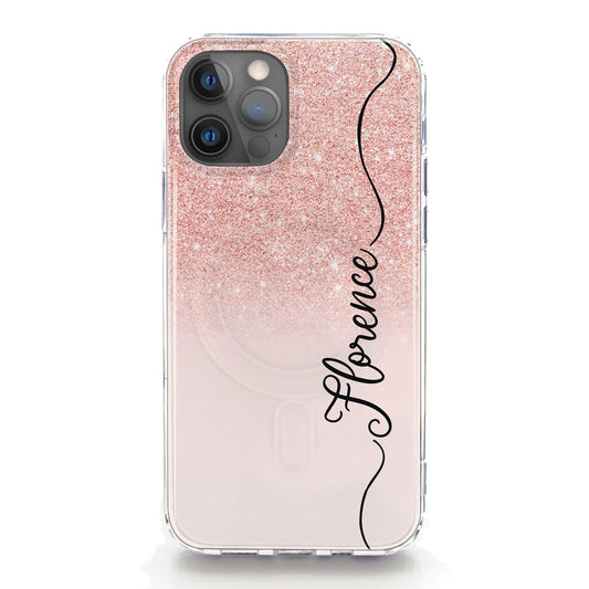 Personalised Magsafe iPhone Case - Pink Glitter Effect and Black Name