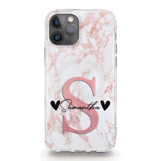 Personalised Magsafe iPhone Case - Rose Marble and Monogram with Name