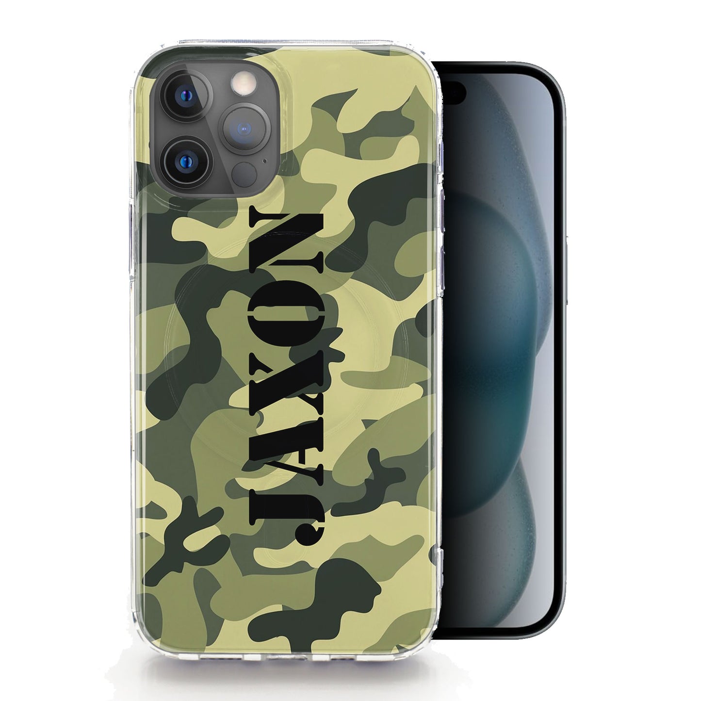 Personalised Magsafe iPhone Case - Green Camo with Black Name