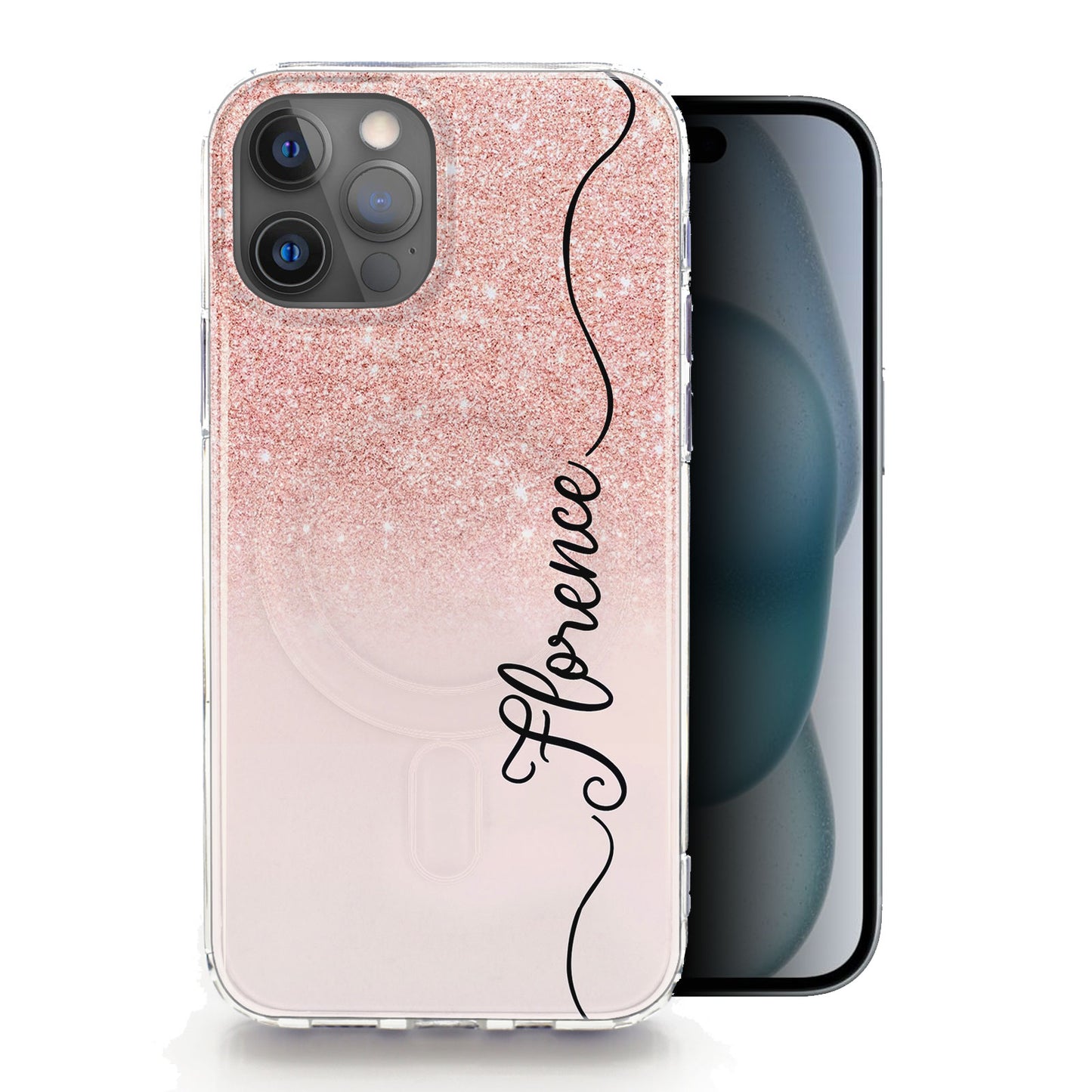 Personalised Magsafe iPhone Case - Pink Glitter Effect and Black Name