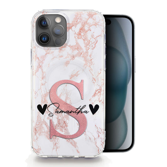 Personalised Magsafe iPhone Case - Rose Marble and Monogram with Name