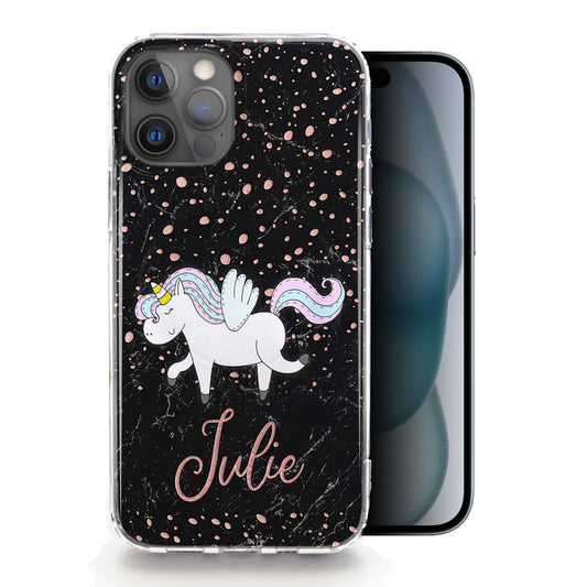 Personalised Magsafe iPhone Case - Black/Pink Speckle Unicorn and Name