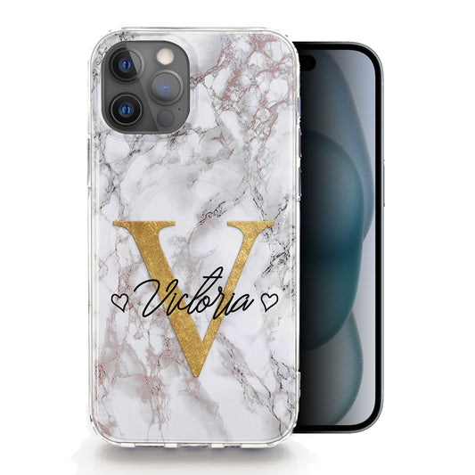 Personalised Magsafe iPhone Case - Grey Marble and Gold Initial with Name