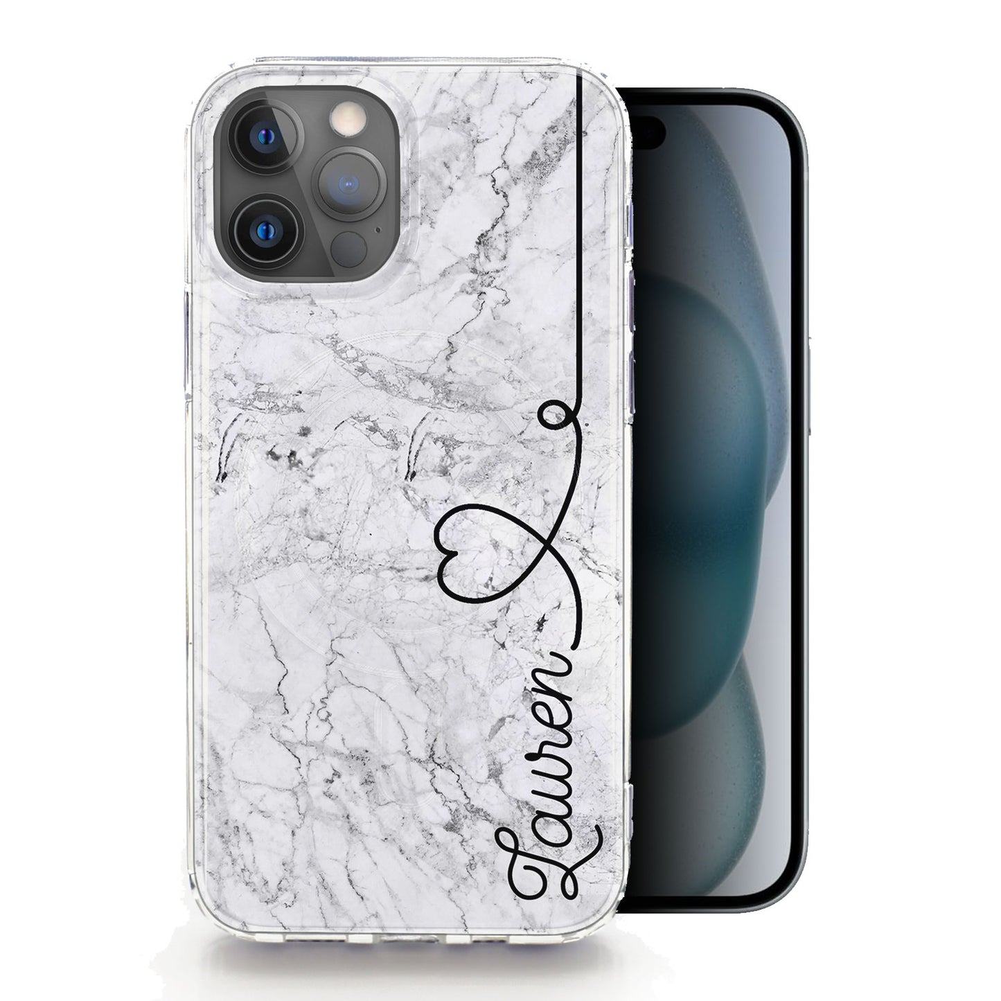 Personalised Magsafe iPhone Case - Light Grey Marble and Side Heart Name