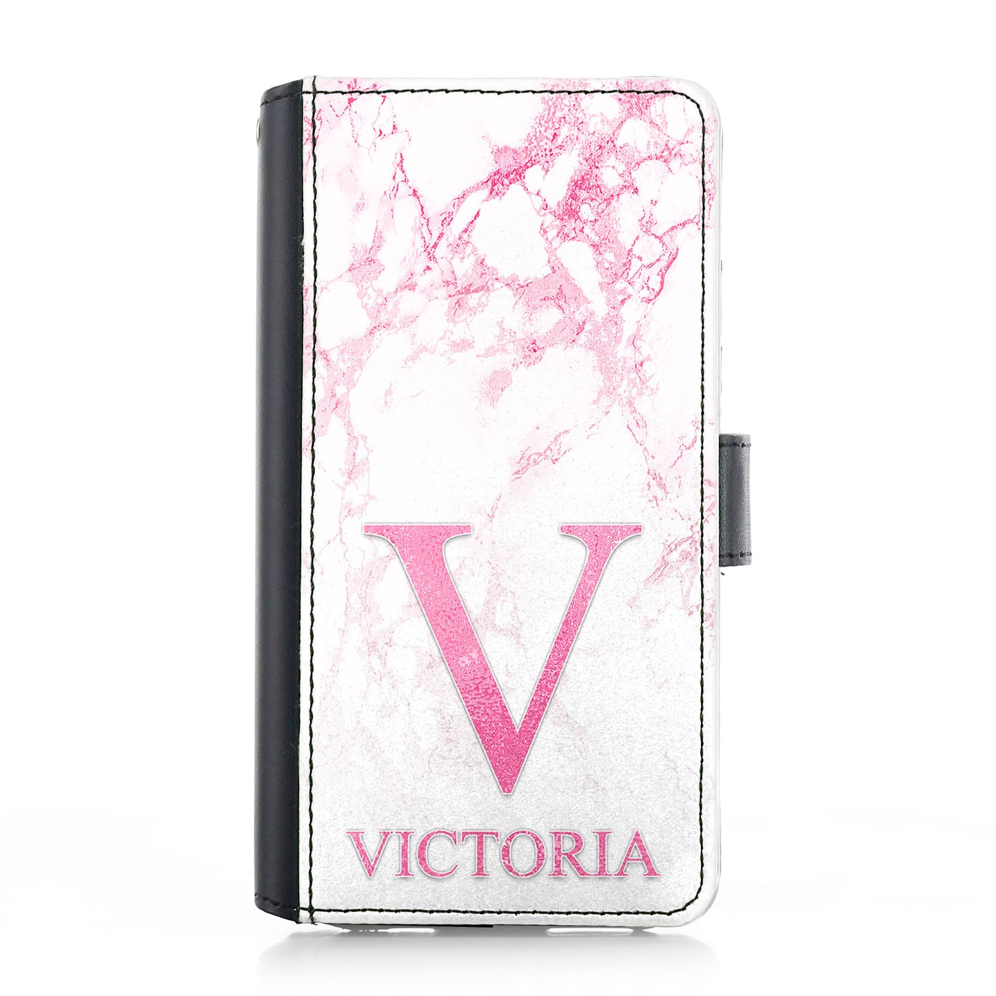 Personalised Samsung Leather Case - White Pink Marble and Initial/Name