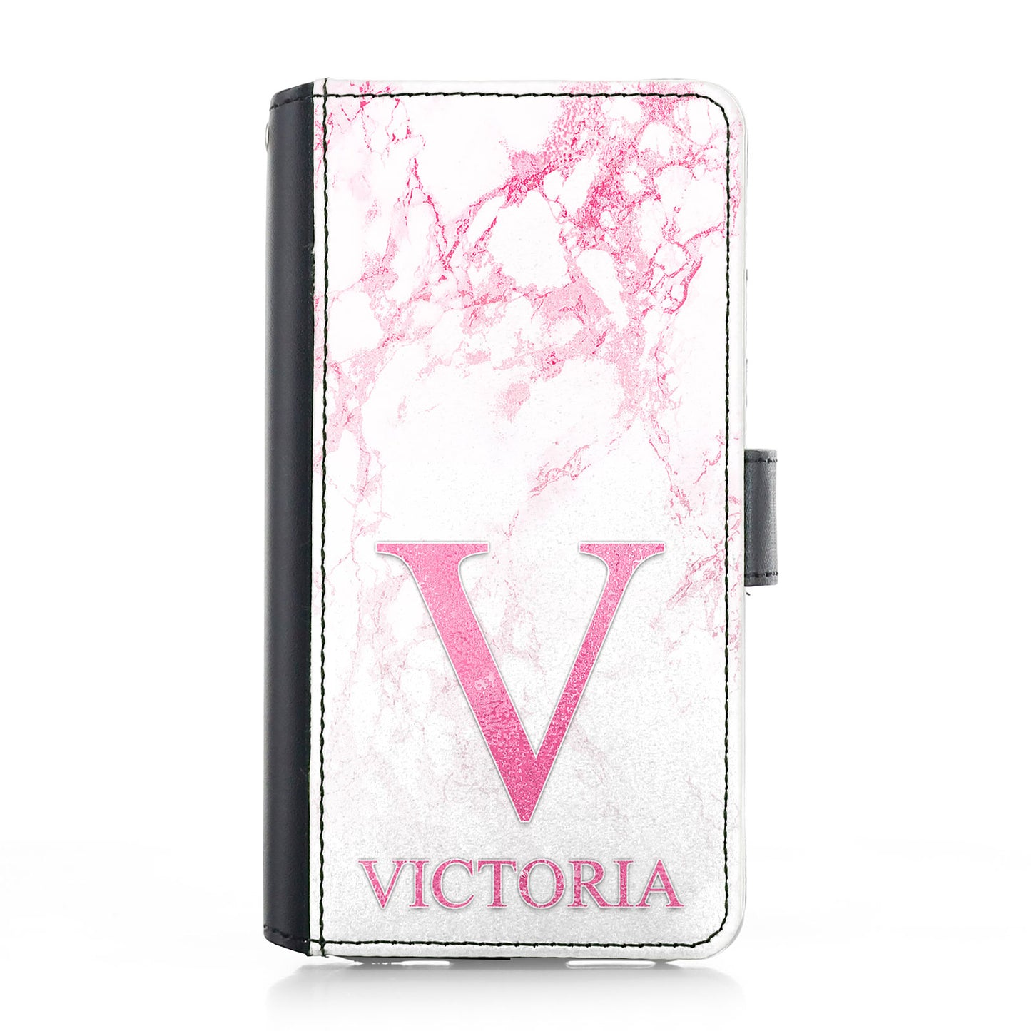 Personalised iPhone Leather Case - White Pink Marble and Initial/Name