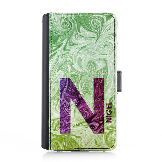 Personalised iPhone Leather Case - Green/Purple Swirl and Initial/Name