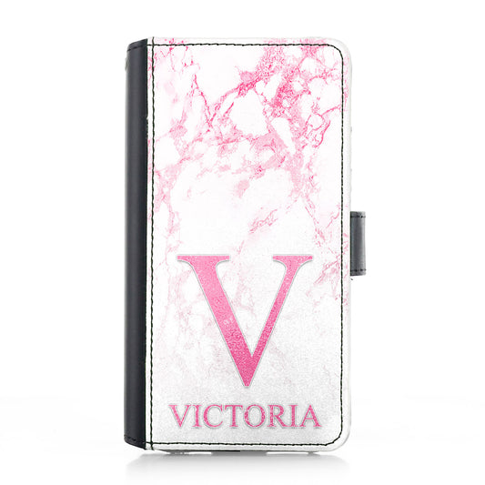 Personalised Google Leather Case - White Pink Marble and Initial/Name