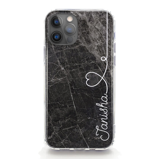Personalised Magsafe iPhone Case - Dark Grey Marble with Heart Side Name