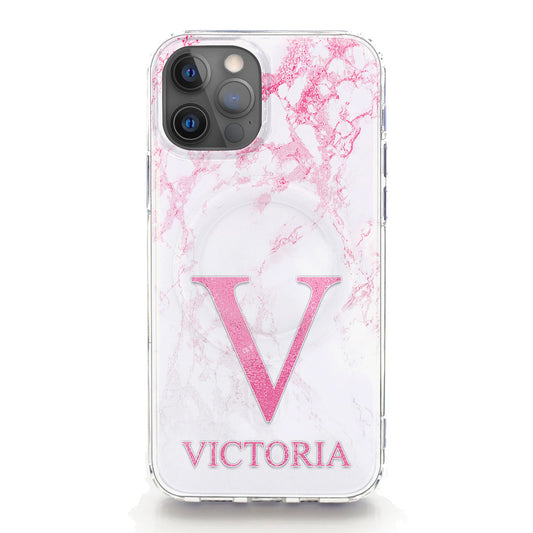 Personalised Magsafe iPhone Case - White Pink Marble and Initial/Name