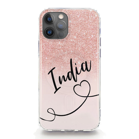 Personalised Magsafe iPhone Case - Pink Glitter Effect with Name and Heart