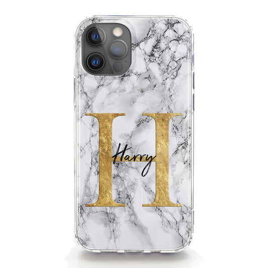 Personalised Magsafe iPhone Case - Grey Marble and Gold Initial/Name