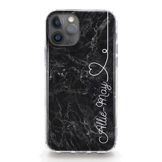 Personalised Magsafe iPhone Case - Black Marble and Side Heart Name