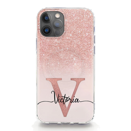 Personalised Magsafe iPhone Case - Pink Glitter Effect and Pink Monogram
