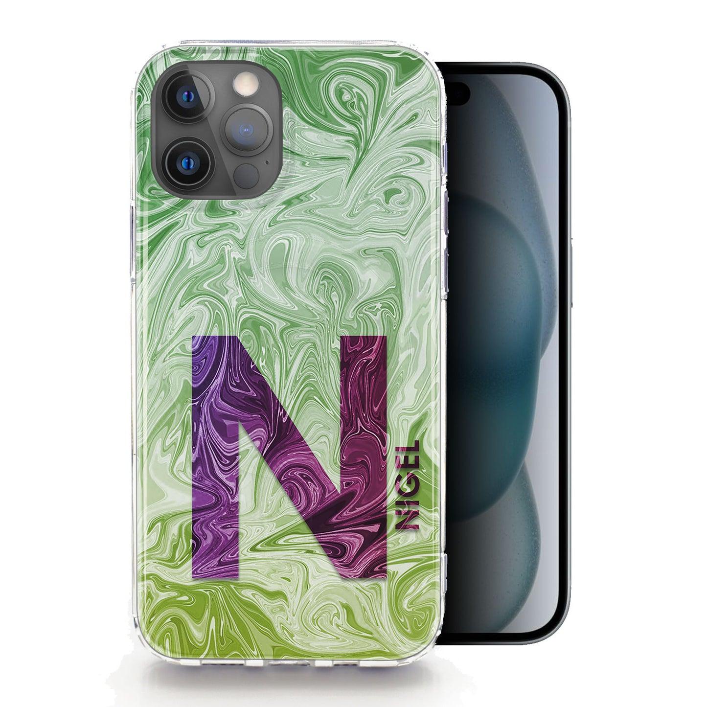 Personalised Magsafe iPhone Case - Green/Purple Swirl and Initial/Name