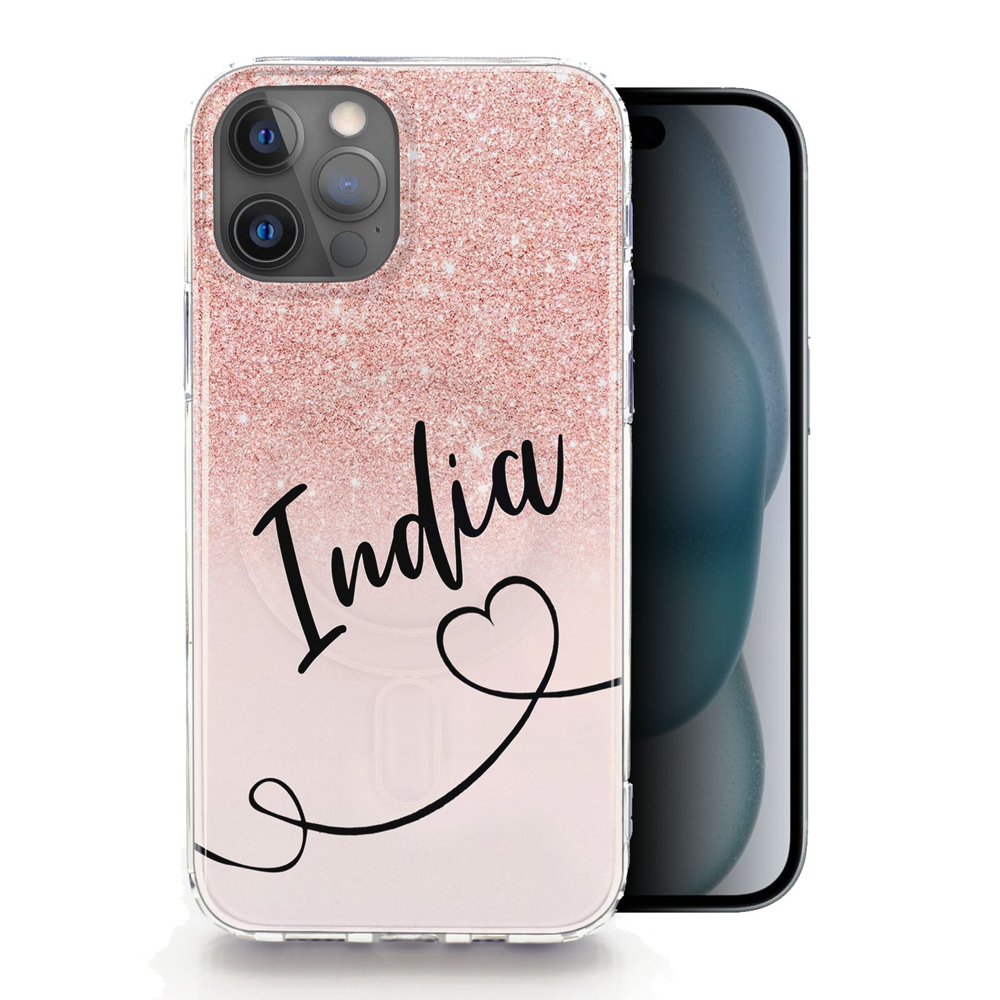 Personalised Magsafe iPhone Case - Pink Glitter Effect with Name and Heart