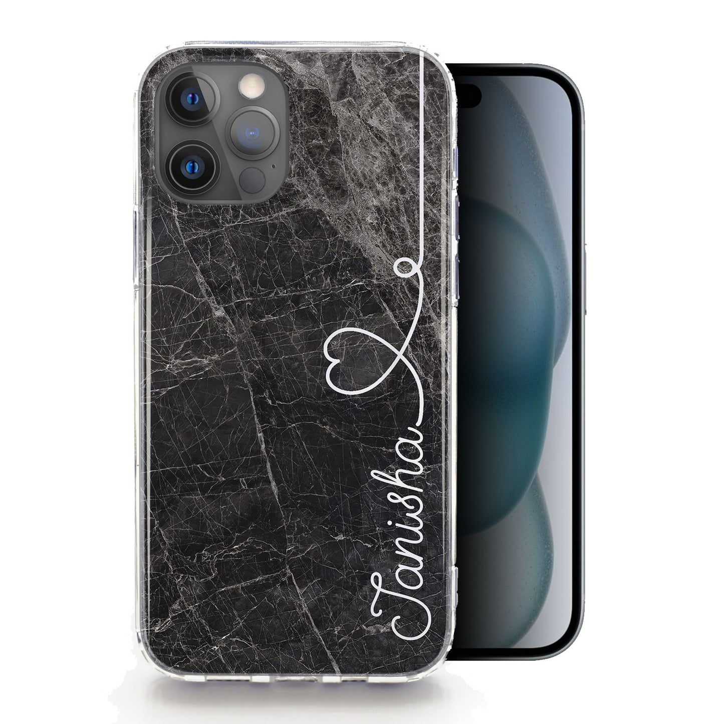 Personalised Magsafe iPhone Case - Dark Grey Marble with Heart Side Name