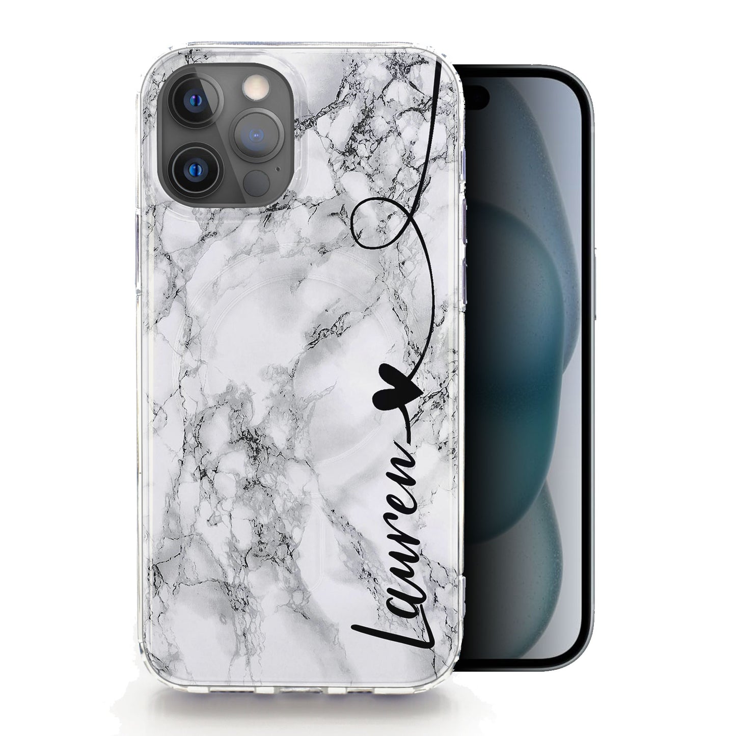 Personalised Magsafe iPhone Case - Grey Marble with Love Heart Side Name