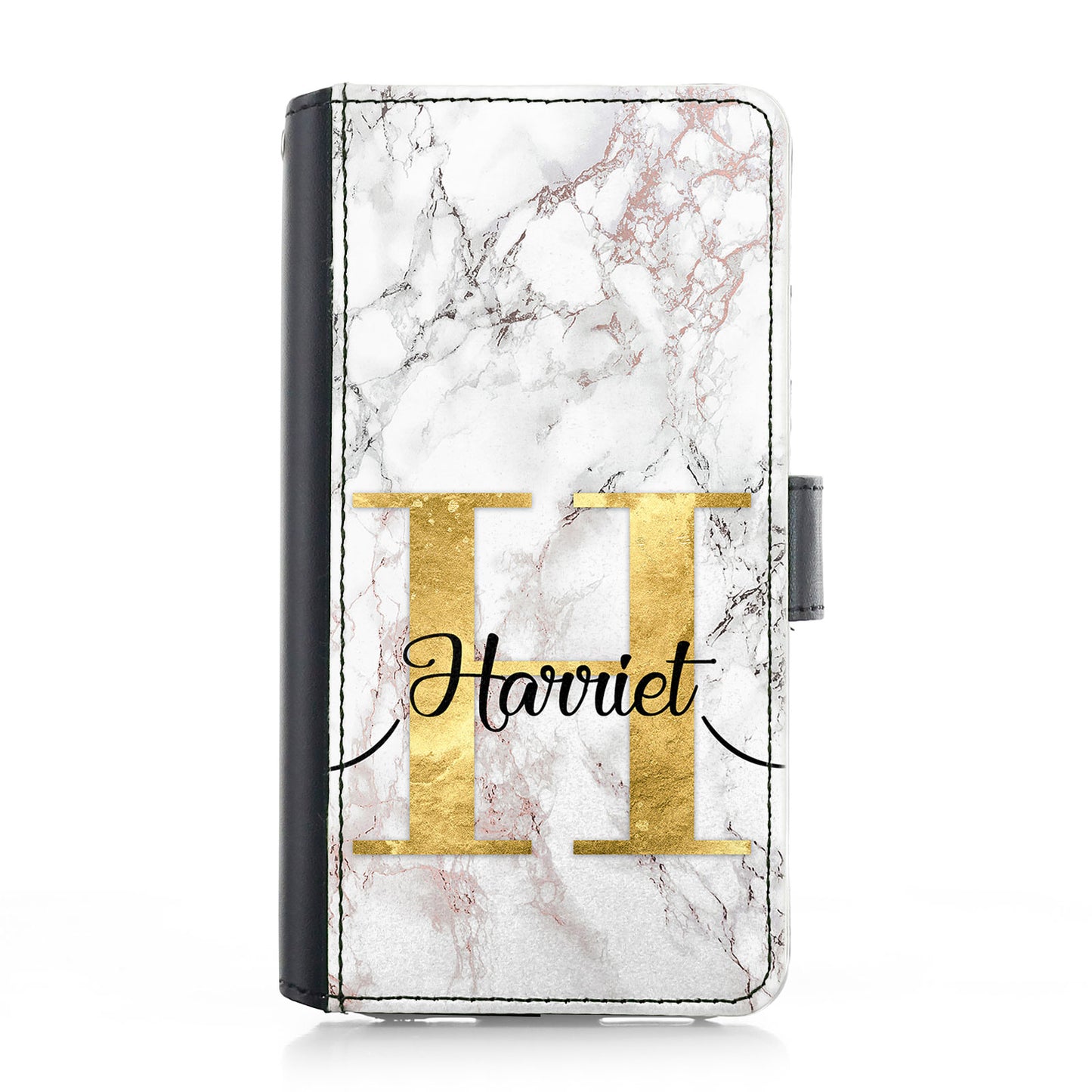 Personalised iPhone Leather Case - White Speckle Marble and Gold Initial/Name