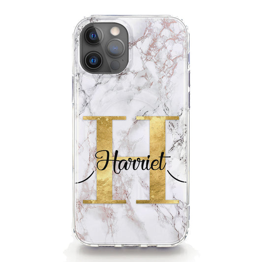 Personalised Magsafe iPhone Case - White Speckle Marble and Gold Initial/Name