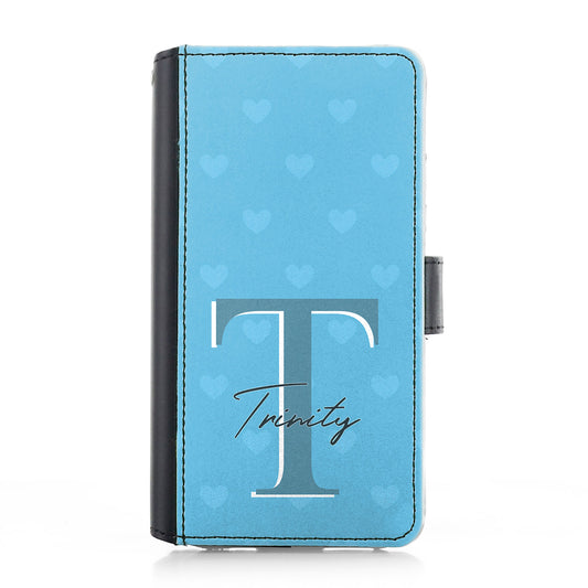 Personalised iPhone Leather Case - Baby Blue Heart Monogram and Name