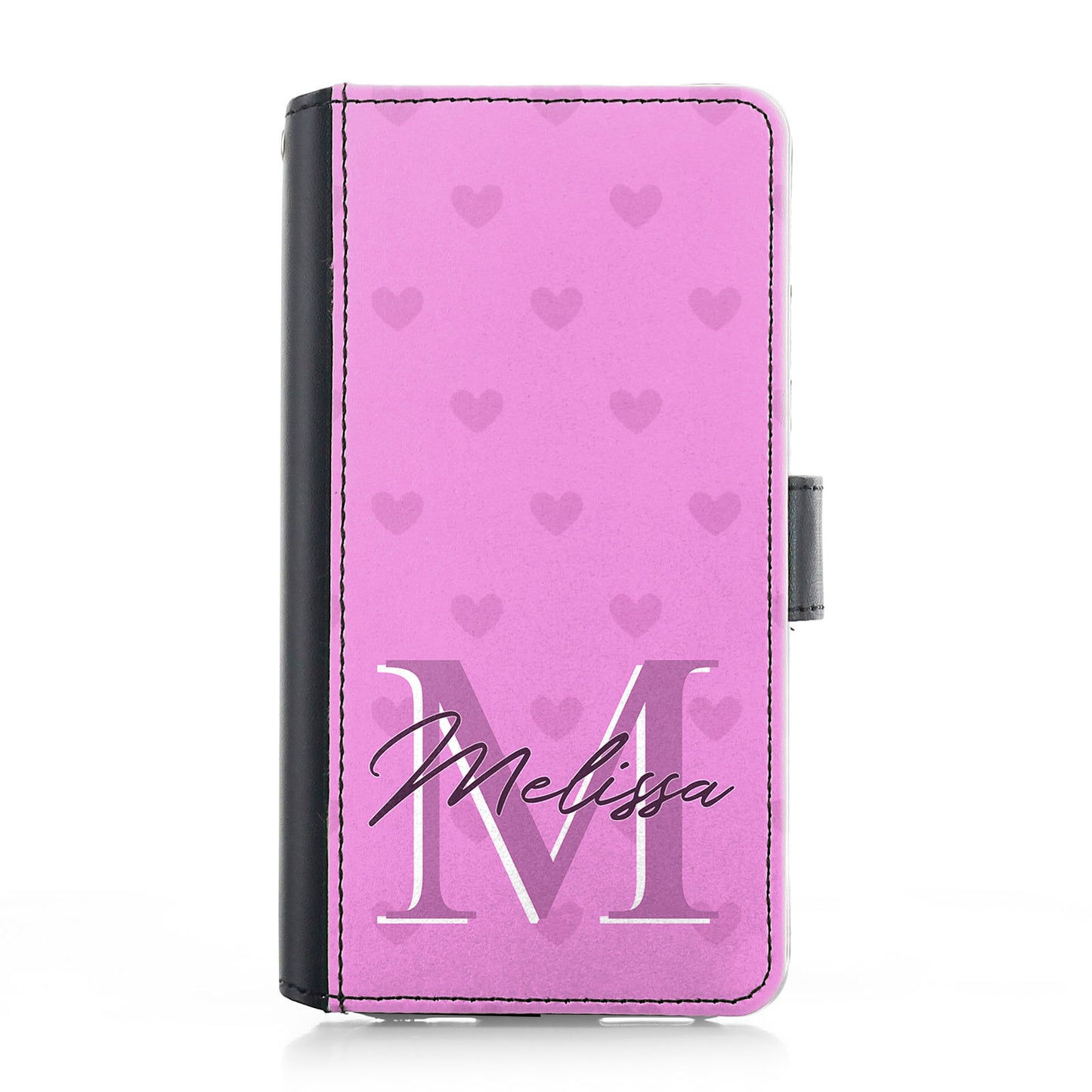 Personalised Samsung Leather Case - Pink Heart Monogram and Name