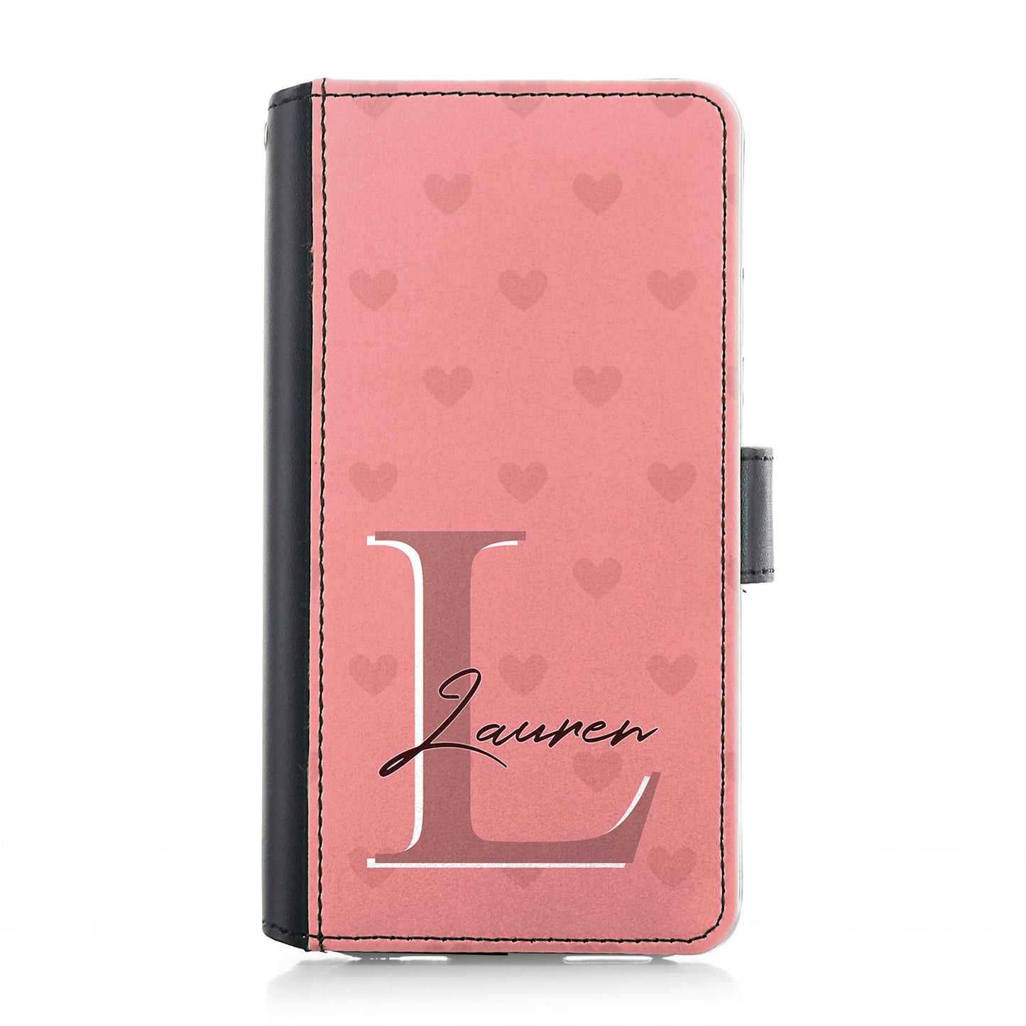 Personalised Samsung Leather Case - Rose Pink Heart Monogram and Name