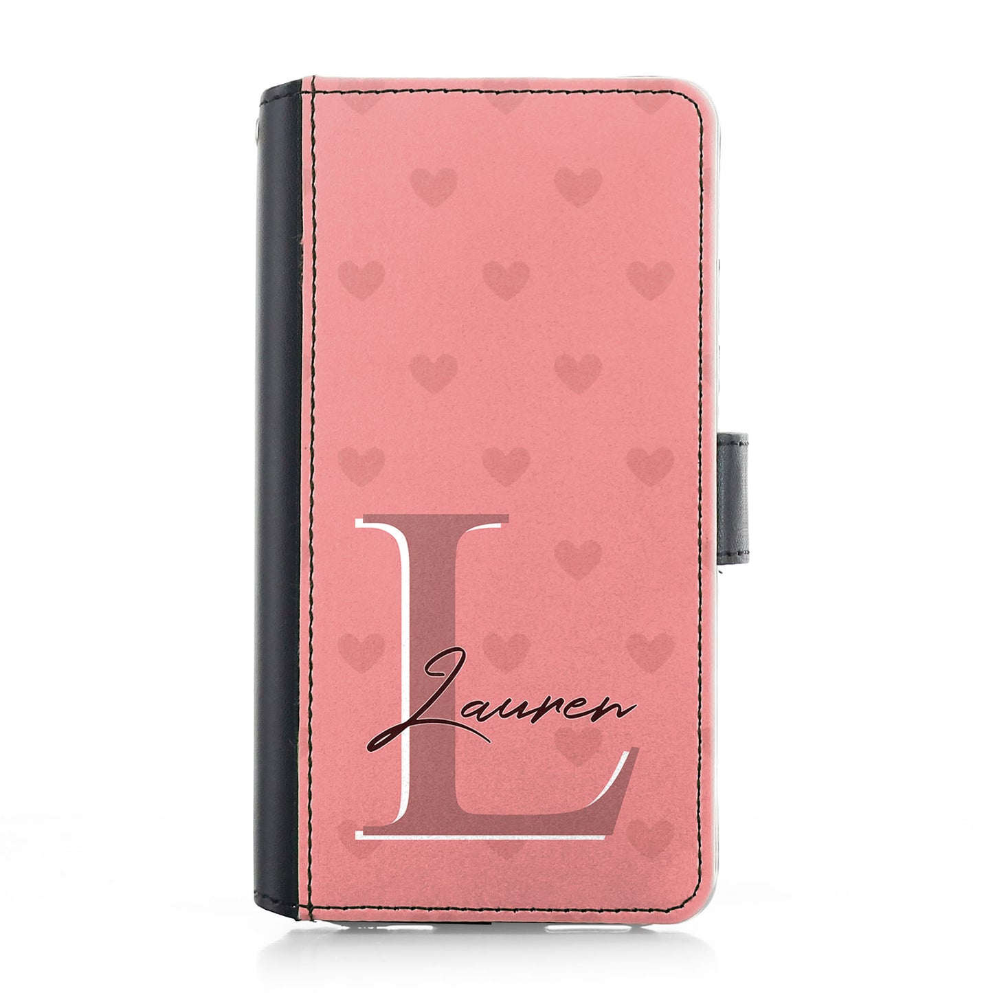 Personalised iPhone Leather Case - Rose Pink Heart Monogram and Name
