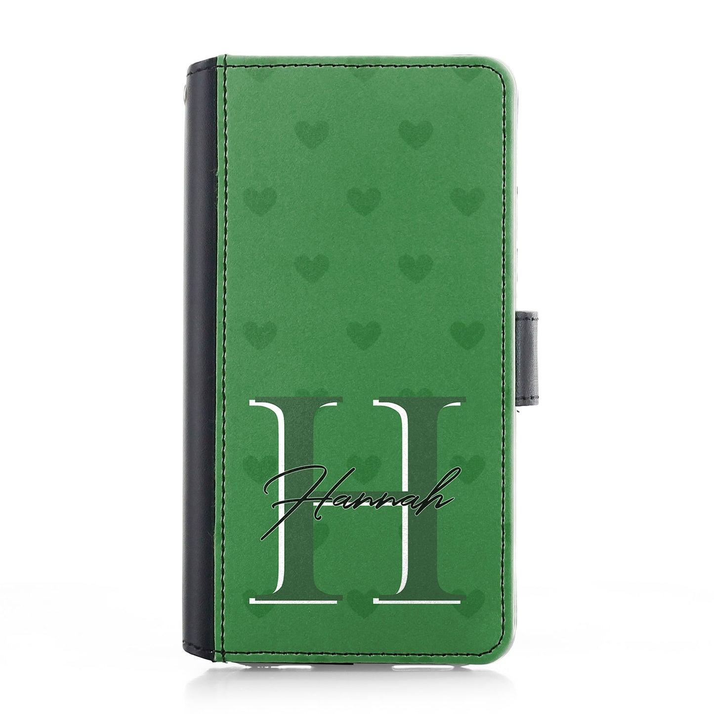 Personalised iPhone Leather Case - Green Heart Monogram and Name