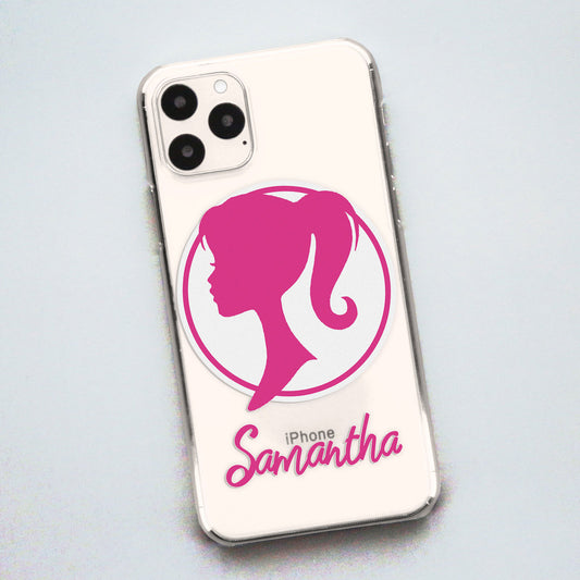 Personalised Barbie Inspired iPhone Case - Clear Pink Silhouette and Name