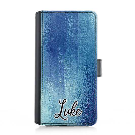 Personalised Samsung Leather Case - Blue Glitter Effect and Name