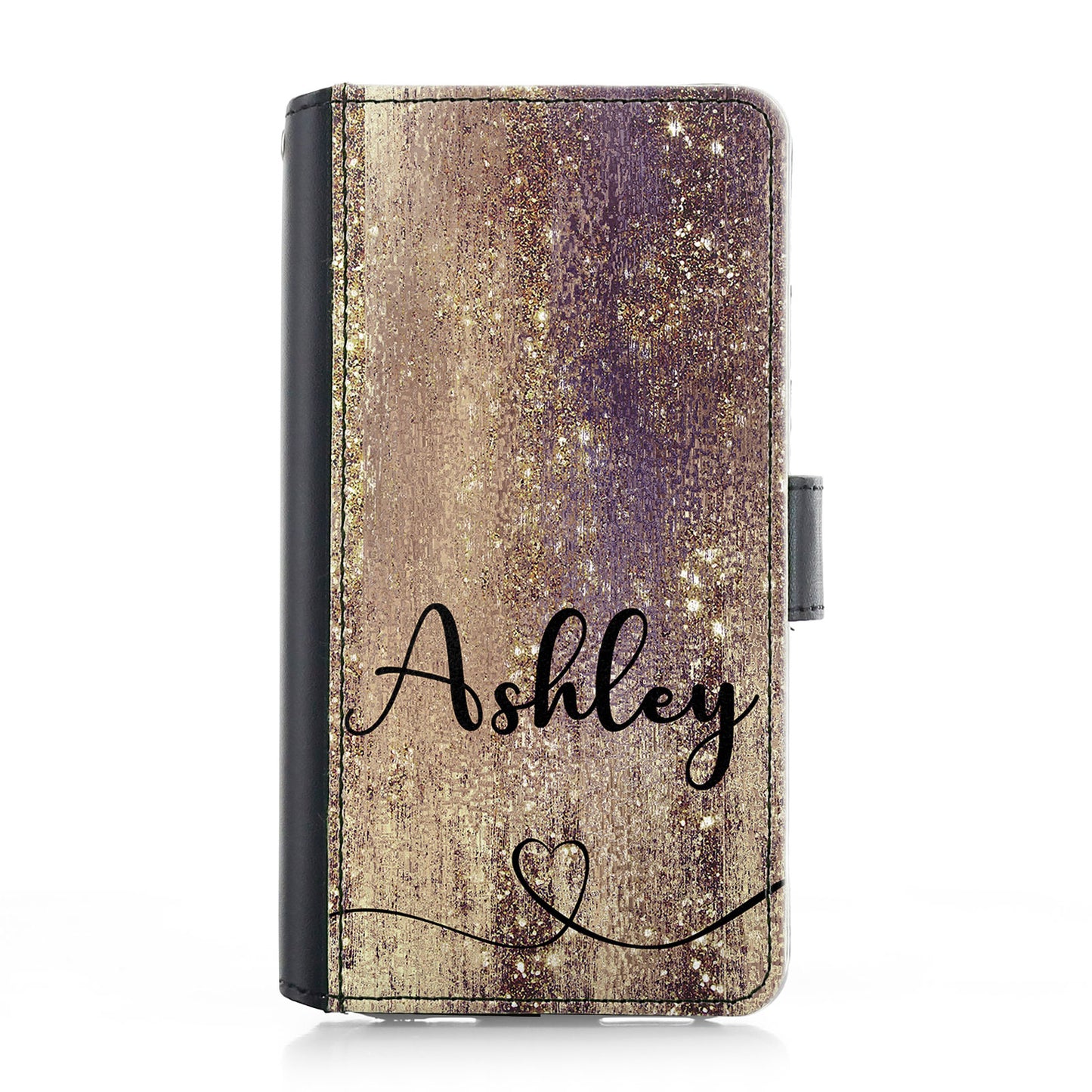 Personalised iPhone Leather Case - Glitter Gold and Heart Name