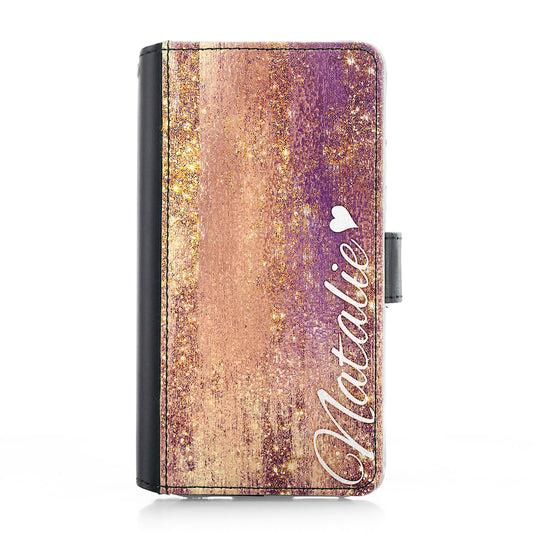 Personalised Samsung Leather Case - Copper Glitter and White Name