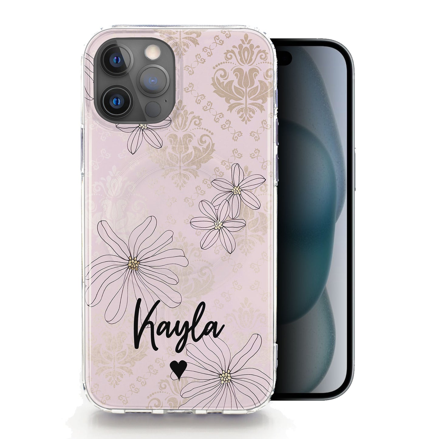 Personalised Magsafe iPhone Case - Pink Floral Pattern and Name