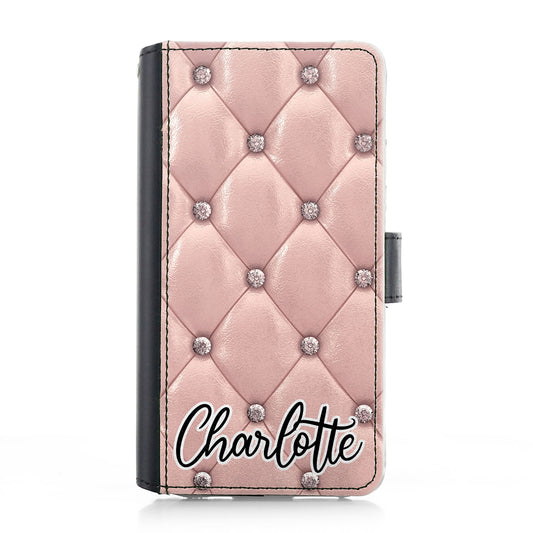 Personalised Samsung Leather Case - Pink Plush Pattern and Name