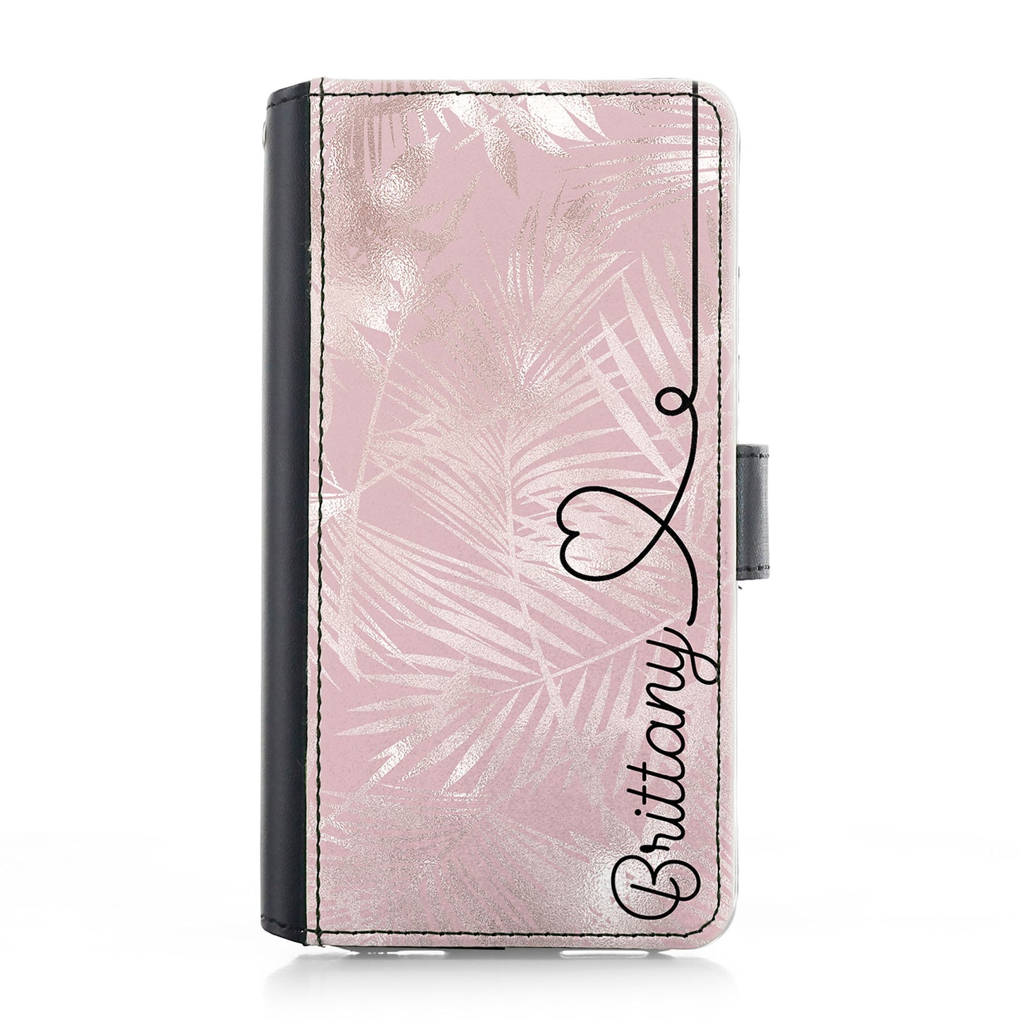 Personalised Samsung Leather Case - Pink Leaves and Heart Name