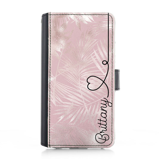 Personalised iPhone Leather Case - Pink Leaves and Heart Name